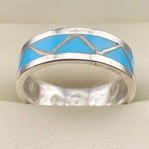 Native American .925 Turquoise Inlay Eternity Band Ring Size 7.5 - 3.1gm